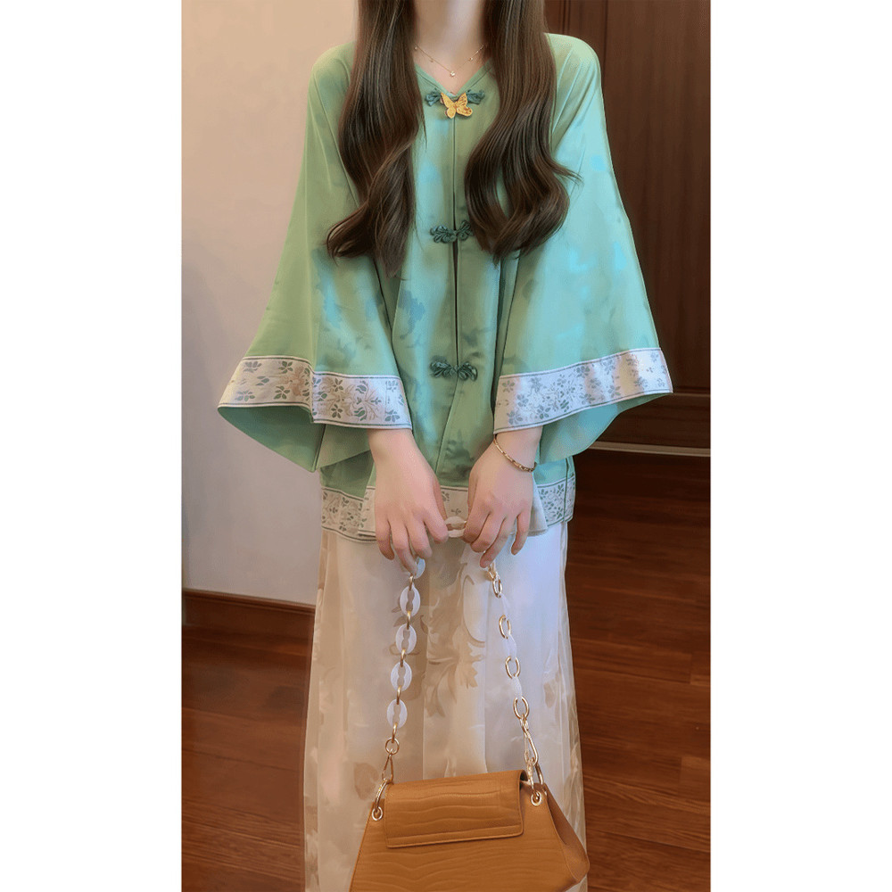 [Lucky Women] [Blue and Flower Luan] เสื้อเชิ้ตพิมพ์ลายสไตล์จีนใหม่เสื้อแจ็คเก็ตกระโปรงสองชิ้นผู้หญิงฤดูใบไม้ร่วงใหม่