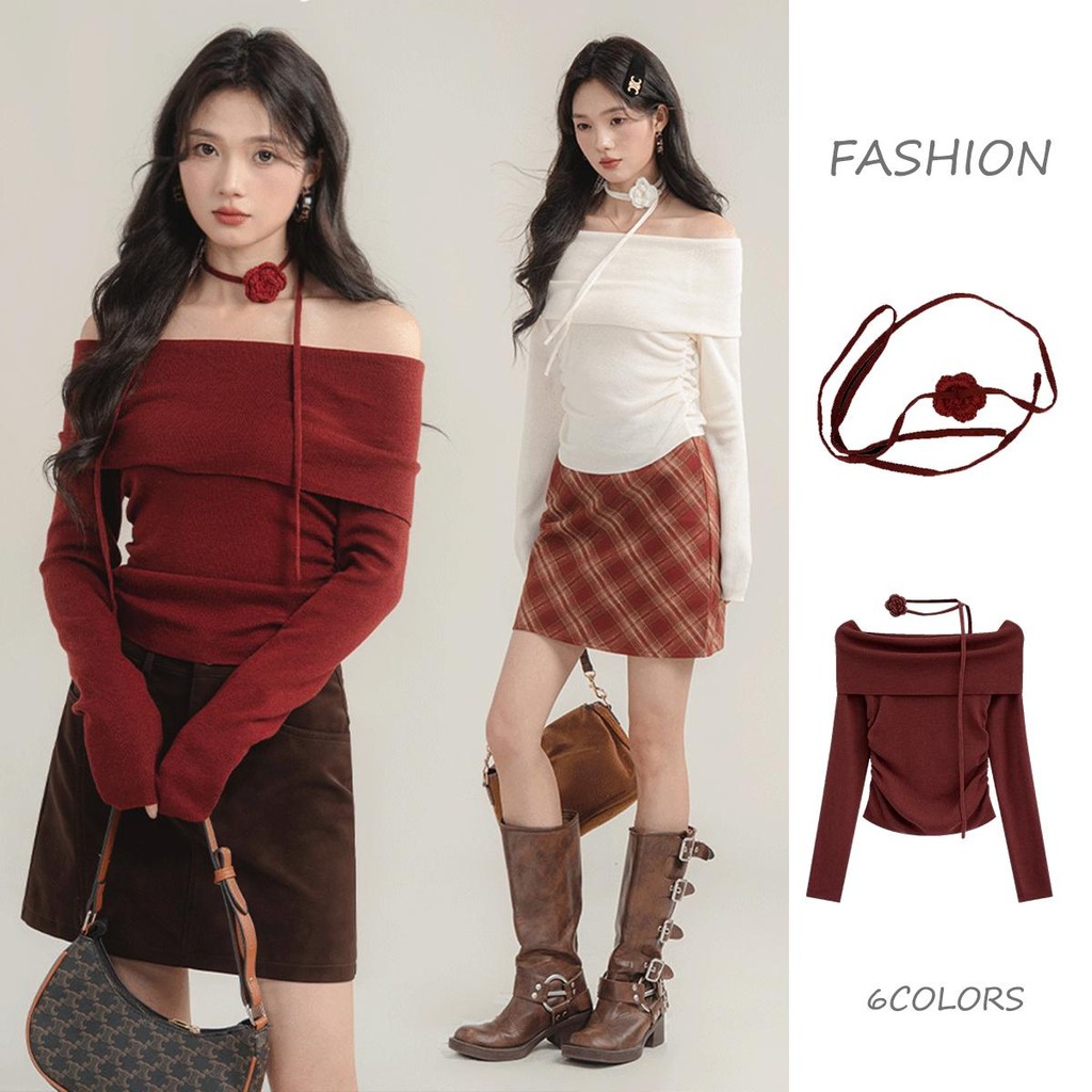 MIMI&DIDI#เสื้อปาดไหล่ครอปแขนยาวไหมพรมสีแดงแฟชั่น สเวตเตอร์คริสต์มาส ส่งเนคไทกุหลาบ สไตล์อ่อนโยน หวาน และเซ็กซี่#Q017