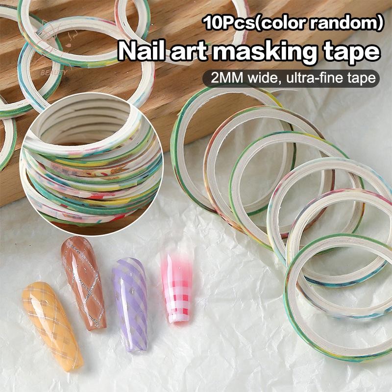[maybeauty] 10 ม้วนเทปแถบเล็บ Checkered Lines 3d Nail Art เครื่องมือสีม้วนเล็บ Decals DIY เล็บเคล็ดลับสติกเกอร์ตกแต่ง {TH}