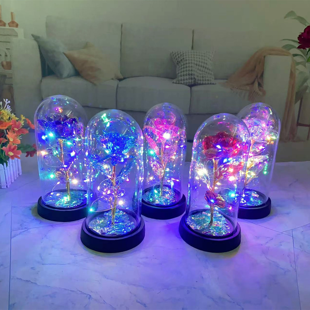 ของขวัญวันวาเลนไทน์สําหรับแฟนดอกกุหลาบนิรันดร์ไฟ นํา ฟอยล์ดอกไม้ในฝาครอบแก้วของขวัญวันแม่