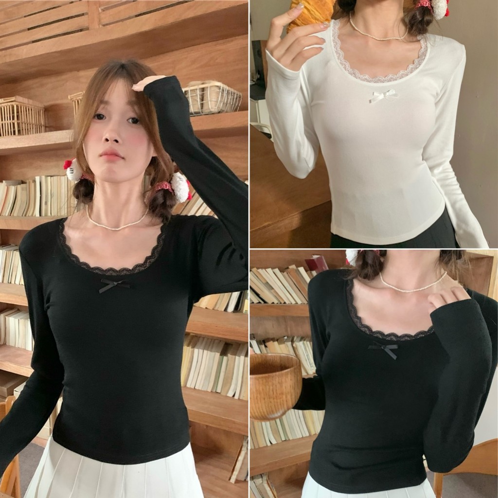 cherryshop พร้อมส่ง เสื้อแขนยาวคอกลมลูกไม้ผู้หญิงรุ่นเกาหลี การออกแบบธนู ผ้านุ่มเข้ารูป เรียบง่ายและน่ารัก