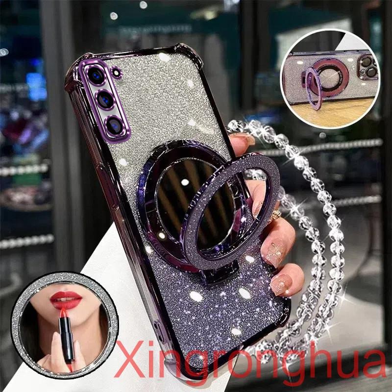 เคสสําหรับ Samsung S22 PLUS S22 ULTRA สี่มุมกันกระแทกเคสโทรศัพท์ 3D ที่วางกระจกแต่งหน้าสร้อยข้อมือใหม่ softcase