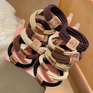 Crystal ยางรัดผมน่ารัก ยางรัดผมลายหมี ยางรัดผมหางม้า แบบหนังยืดหยุ่นสูง สำหรับนักเรียนหญิง-（ 5 ชิ้น ）