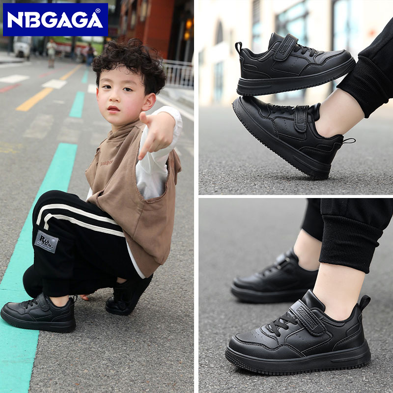 Unisex รองเท้าลําลองสีดําขนาดเด็ก 28-39 รองเท้าผ้าใบหนังวิ่งน้ําหนักเบาสําหรับเด็กชายและเด็กหญิงเดินไม่ลื่น