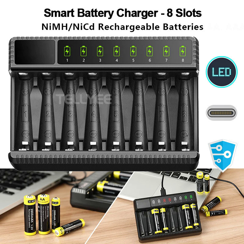Intelligent Smart battery charger LED display, 8-slot lithium battery charger, for AA/AAA NiMH 1.48V