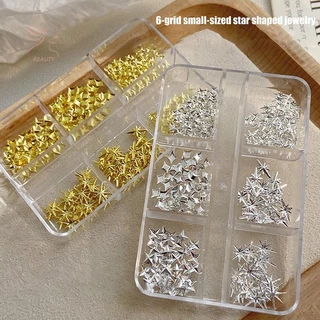 [maybeauty] 6 Grids Metallic Gold Silver Nail Art Rhinestones Decor Nail Charms Flatback Starburst Pentagrams Jewel Nail Accessories {TH}