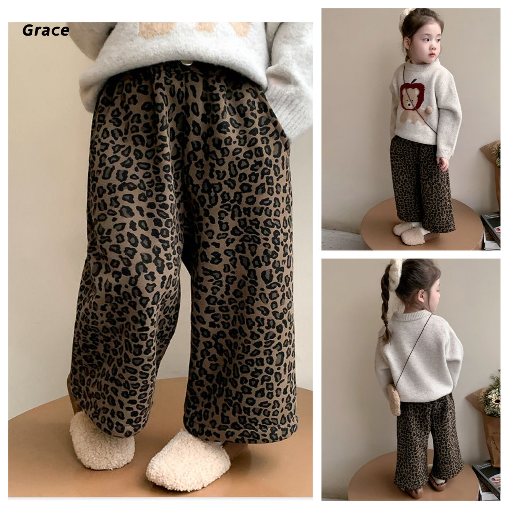 [Grace] (ในสต็อก) กางเกงเด็กผู้หญิง 2025 ใหม่สไตล์เด็กสบาย ๆ กางเกงพิมพ์เสือดาว..GR372#