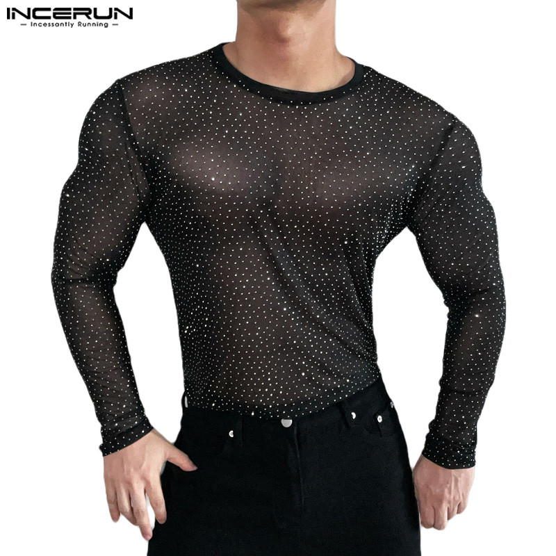 ไม่แน่นอน เสื้อยืดแขนยาวกลิตเตอร์คอกลมแฟชั่นสไตล์วินเทจสําหรับผู้ชาย