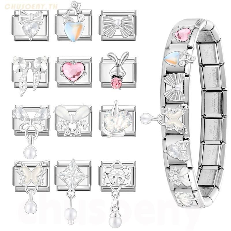 ยอดนิยมรักเพชรจี้หัวใจอิตาเลี่ยน Charm Links Fit 9 มม.สร้อยข้อมือสแตนเลสทําเครื่องประดับ