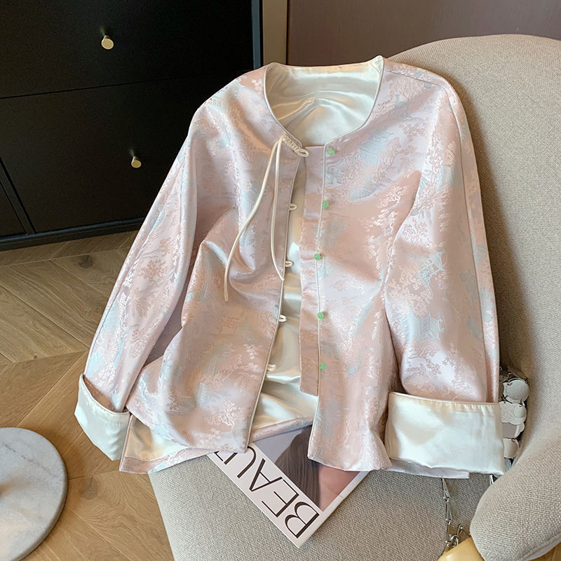 Dogwood Powder ใหม่สไตล์จีน Jacquard รอบคอเสื้อแจ็คเก็ตสั้นผู้หญิงฤดูใบไม้ผลิ 2024 High-End ปรับปรุง Tang ชุด Top 12.28