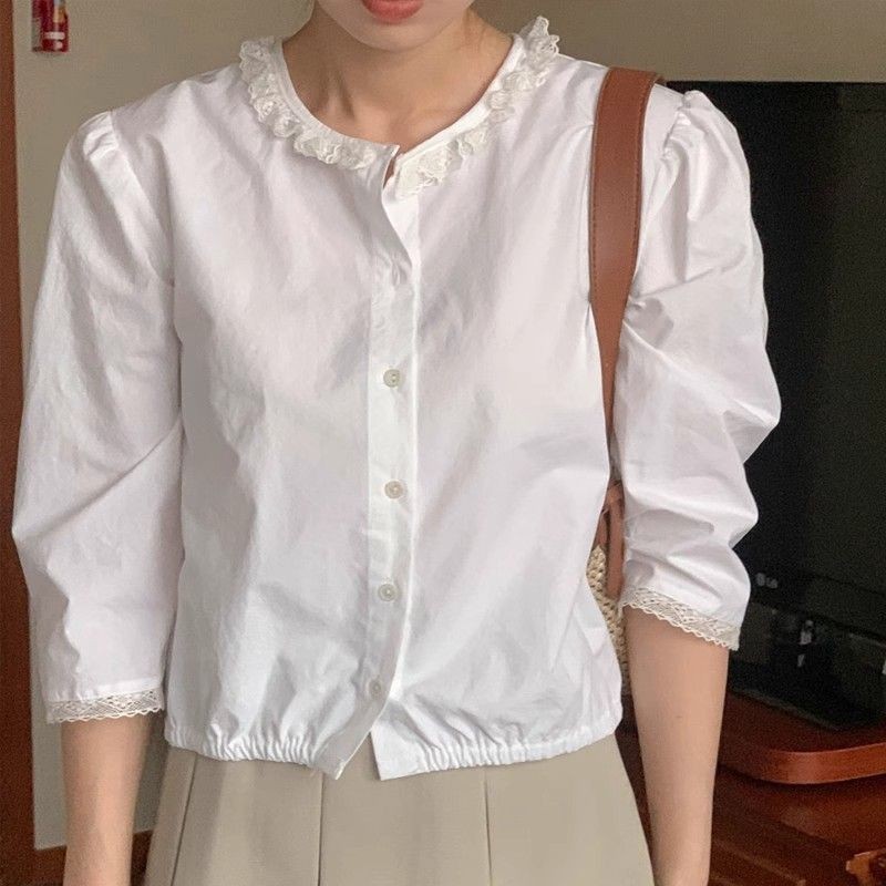 🧡LINNA🧡เวอร์ชั่นเกาหลี คอกลม ลูกไม้ เสื้อเชิ้ต สไตล์ใหม่