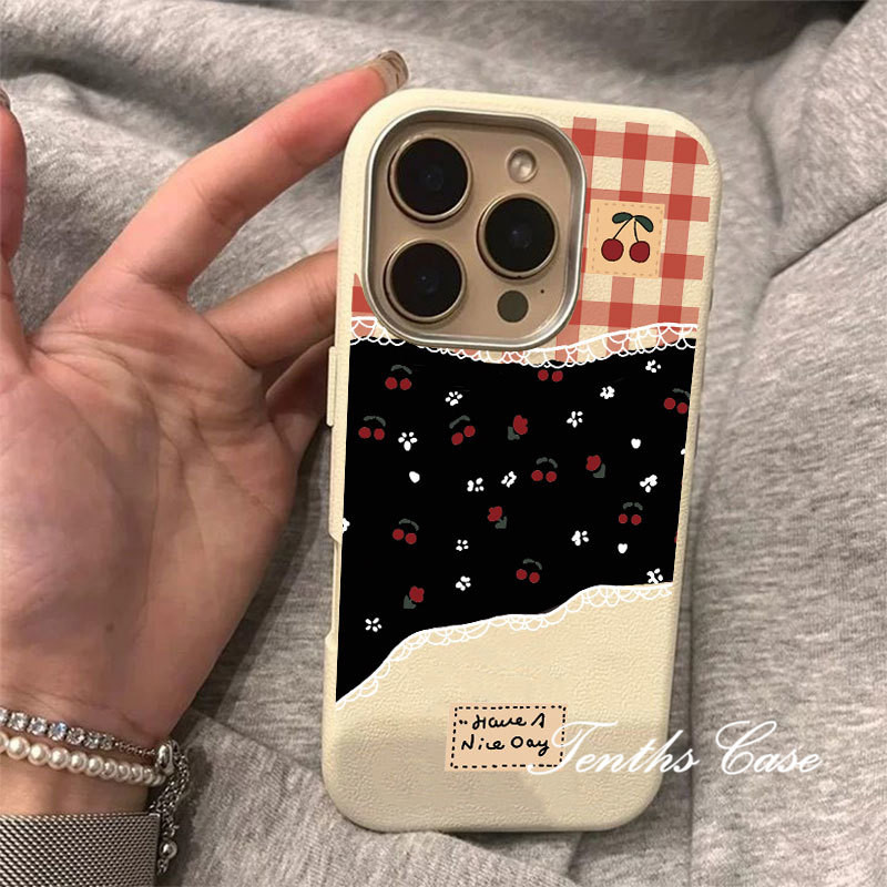 ใช้งานร่วมกับสําหรับ IPhone 16 11 15 14 13 12 Pro Max 16E Xs X Xr 8 7 6 Plus ลายสก๊อตดอกไม้ขนาดเล็กเชอร์รี่หนังธรรมดารูปแบบเลนส์ชุบกรอบเคสโทรศัพท์ปกอ่อน - รูปที่ 3