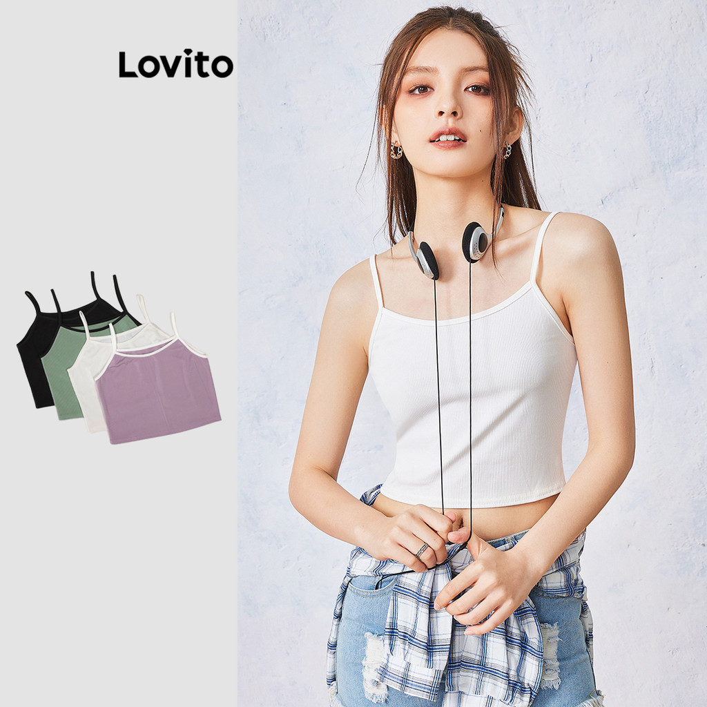 Lovito (KOLs pick) เสื้อกล้าม Solid ลำลองSlim Fit Rib Knit สีตัดกันการผูกมัดTank ท็อปส์ สําหรับผู้หญิง L00008 (เขียว/ชมพู/ขาว/ดํา)