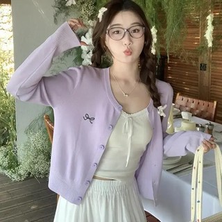 Thin Knitted Cardigan Sweater Jacket Long Sleeve Embroidered Loose Top