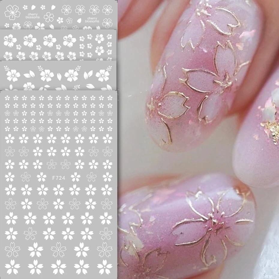 Cherry Blossom 3D สติ๊กเกอร์ติดเล็บดอกไม้สีขาวกลีบเล็บ Decals Elegant งานแต่งงานออกแบบฤดูใบไม้ผลิ Sakura เล็บ Slider Decor