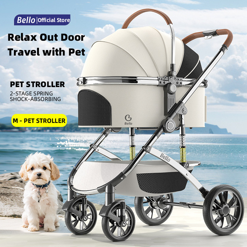 Bello Luxury โมเดิร์นขนาดกลางและขนาดใหญ่รถเข็นสัตว์เลี้ยงอลูมิเนียมแมวสุนัขมือ Pushing PU ล้อแยกและพับ