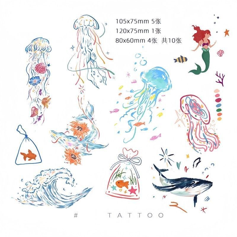 ขายร้อน! สติกเกอร์รอยสักป่าทะเลลึก 10 ชิ้น ชุดแมงกะพรุนปลาวาฬ มือวาด กันน้ำ