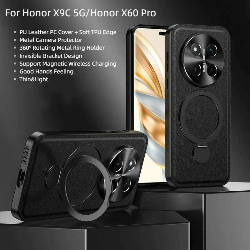 สําหรับ Honor X9C 5G กรณี Thin & Light โลหะป้องกันกล้อง 360o หมุนแม่เหล็กแหวนวงเล็บปกหนังสําหรับ Hon
