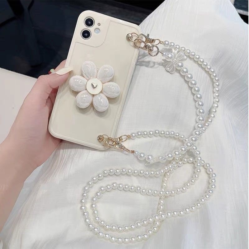 Chanel Pearl Chain Flower Bracket Apple promax Phone Case Crossbody 5.7