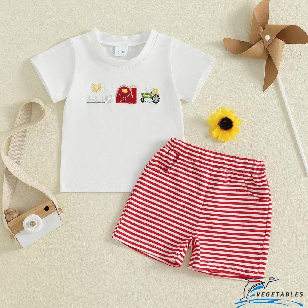 ZHY-Toddler Boy ชุดฤดูร้อน Sun เย็บปักถักร้อยแขนสั้นคอกลมเสื้อยืด + กางเกงขาสั้นลาย 2 ชิ้นชุด