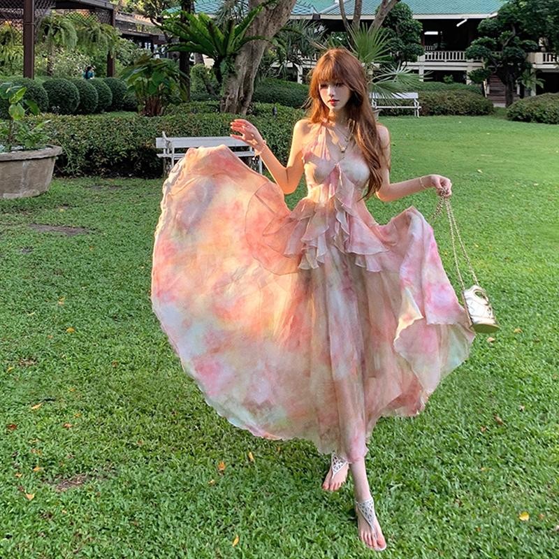 ภาพสีน้ํามันฝรั่งเศสคอวีผิดปกติอ่อนโยนสไตล์วันหยุดโรแมนติกเอวอารมณ์ชุดเชือกแขวนคอ