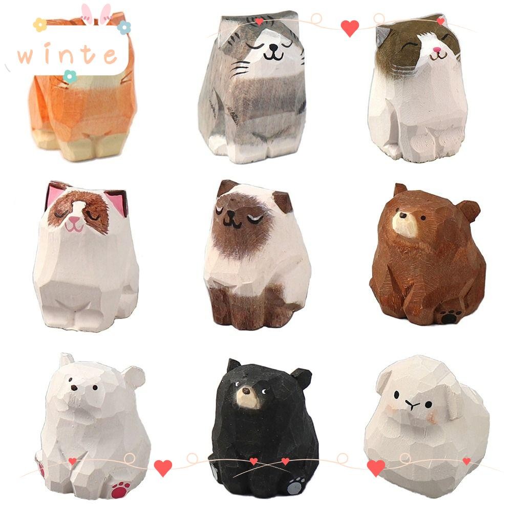 WINTE ไม้หมีตุ๊กตา,การ์ตูนสัตว์ไม้แกะสลักรูปปั้นแมว,ของเล่นเด็กแกะสลักตกแต่งบ้านเดสก์ท็อป Knick-knack
