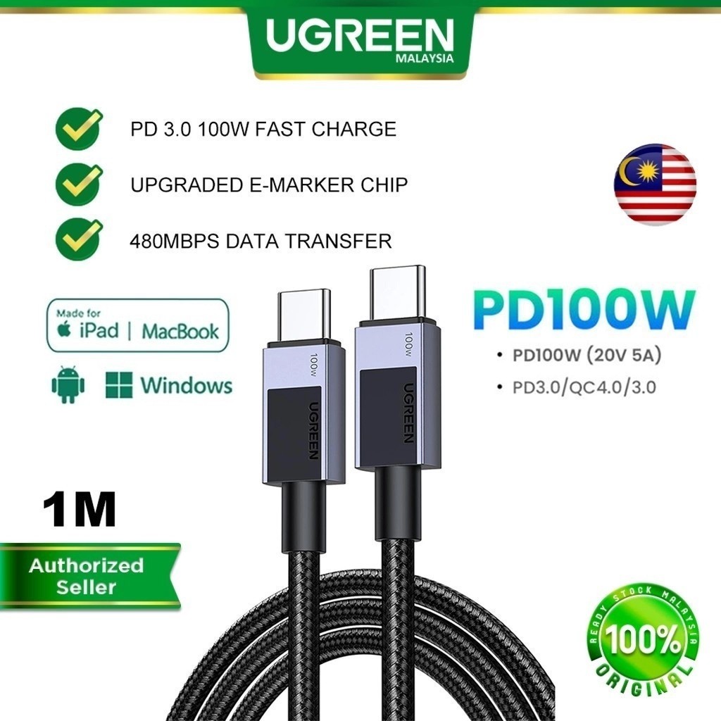 UGREEN สาย USB-C to C 100W PD Fast Charging 5A Cable Nylon Braided Type C E-Marker Chip
