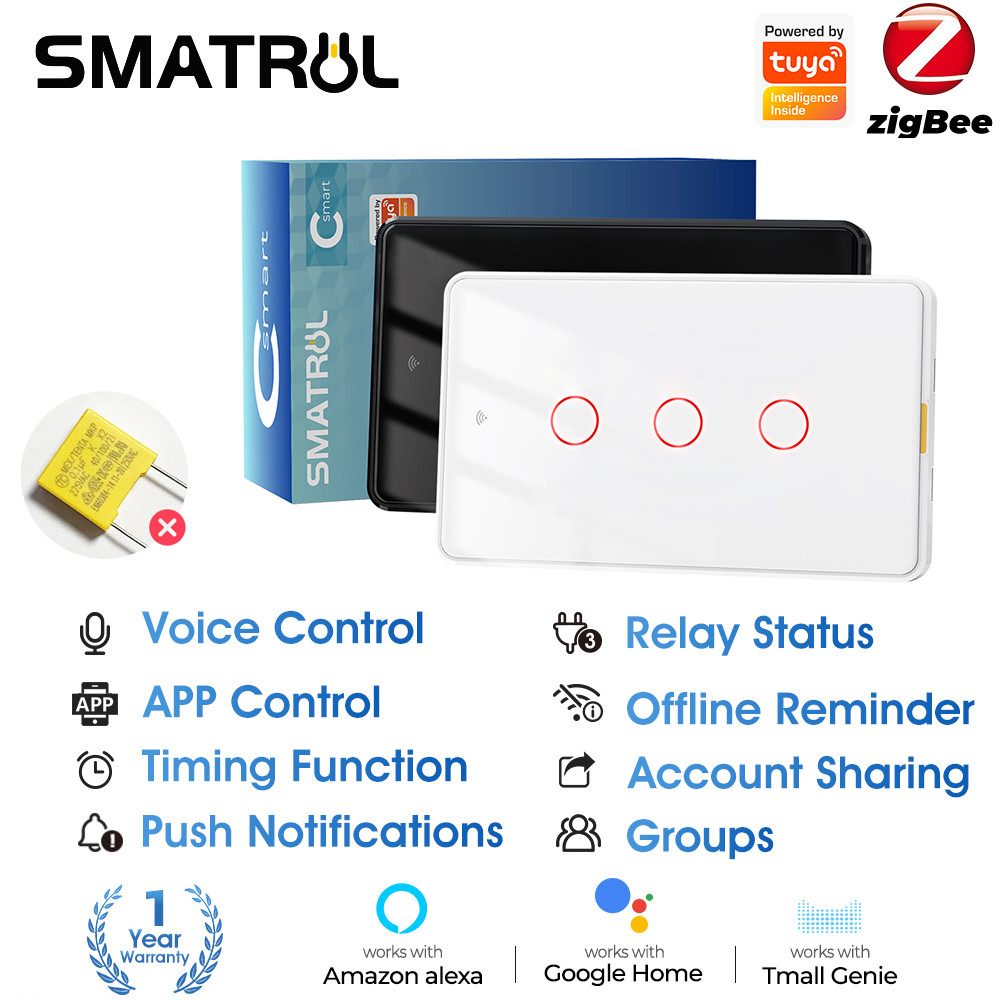 Smatrul Tuya Zigbee สวิตช์ไฟอัจฉริยะ แบบแม่เหล็ก US 100-250v แอพเสียง Tmall Genie Alexa Google Home ไม่ต้องใช้ตัวเก็บประจุ