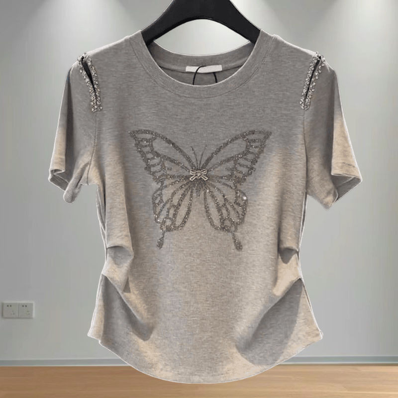 เสื้อยืดแขนสั้นเปิดไหล่สีเทาสุภาพสตรีขนาดใหญ่ 2025 ฤดูร้อนสไตล์ใหม่ Diamond-Studd