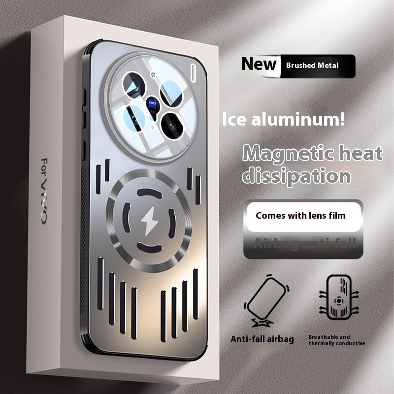 Matte Metal Hollow การกระจายความร้อนเคสแม่เหล็กพร้อมฟิล์มเลนส์สําหรับVIVO X200 Pro X200 ProMini X100 Ultra X100S X100 Pro IQOO13 Proชาร์จไร้สายกันกระแทก