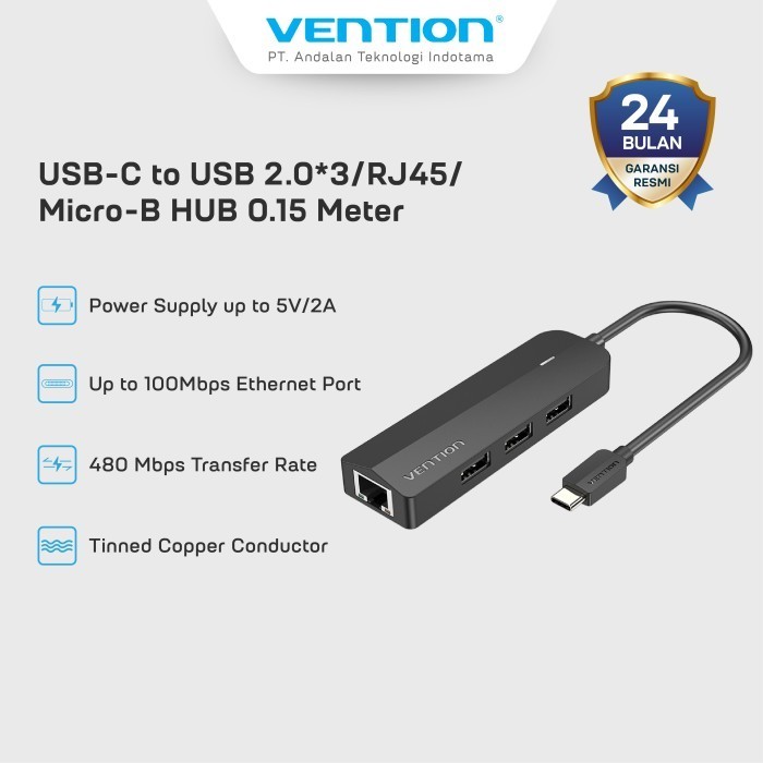 Vention HUB 5 In 1 USB Type C TO RJ45 LAN Micro USB Power Supply Fast Ethernet 15CM - TGO