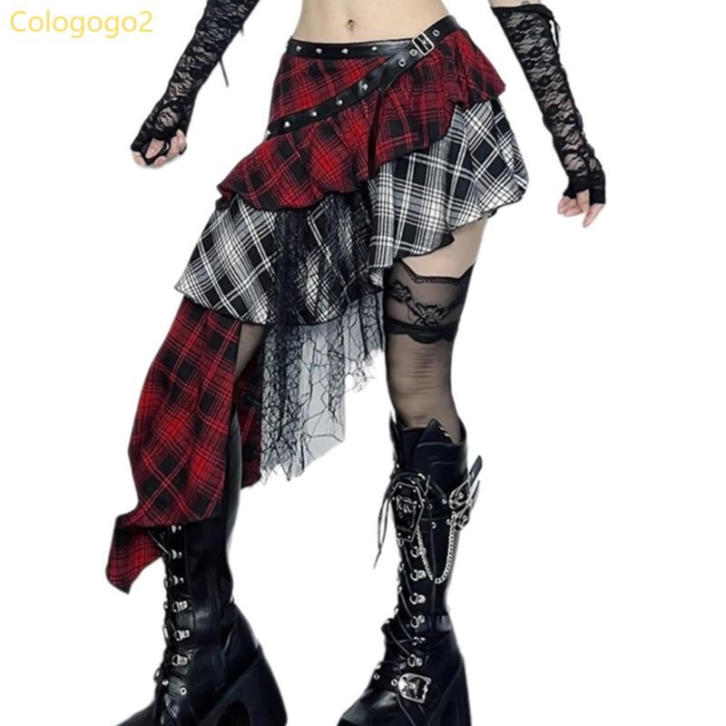 Cologogo2 สตรี Gothic Punk ลายสก๊อต Tiered Ruffle กระโปรงสาย Vintage Harajuku ตาไก่เข็มขัดหนังไม่สมมาตร Swing