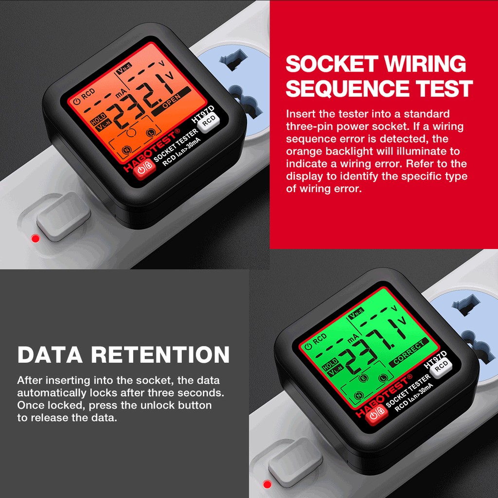 HABOTEST HT97D เครื่องทดสอบซ็อกเก็ตดิจิตอลทดสอบแรงดันไฟฟ้า EU Plug เครื่องตรวจจับซ็อกเก็ตอัจฉริยะการทดสอบการรั่วไหลเครื่องทดสอบเฟสมัลติฟังก์ชั่น - รูปที่ 5