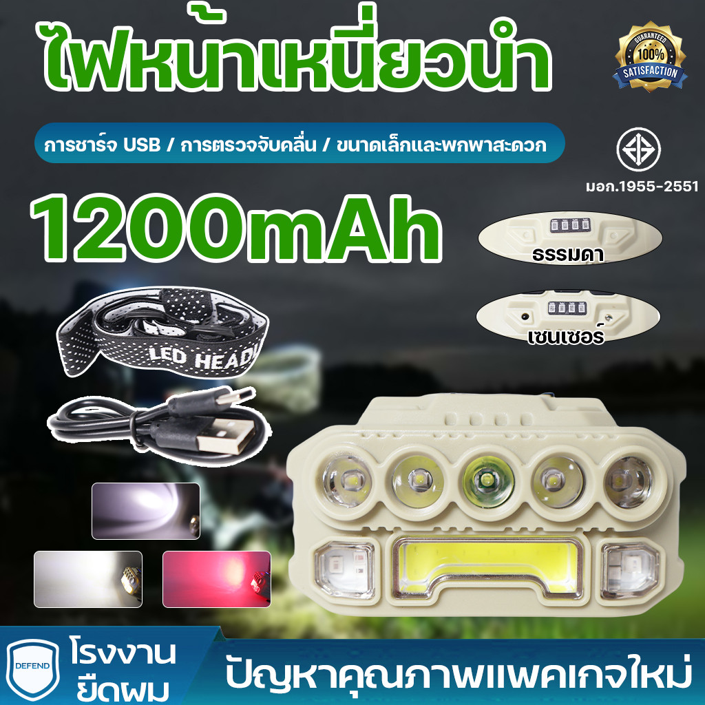 ไฟฉายคาดหัวแรง กันน้ำ ไฟหน้าเซ็นเซอร์ LED+COB พกพา ไฟฉายแบบชาร์จType-c ไฟส่องกบ ความสว่างสูง หรี่แสงได้