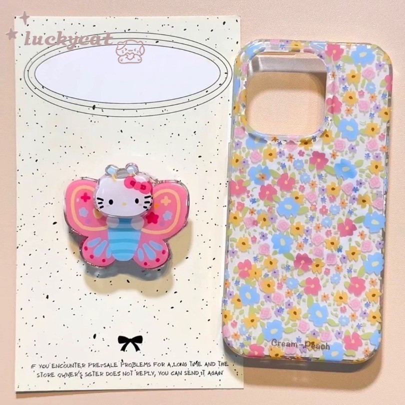 เข้ากันได้กับ iPhone 16 15 14 13 12 11 Pro Max X Xr Xs Max 7 8 Plus SE2020 เคสโทรศัพท์ Ins Mini Dopamine ดอกไม้น่ารักผีเสื้อ KT Cat + Stand Soft Back Cover