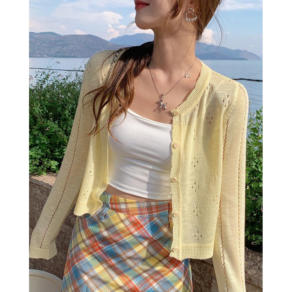 เสื้อคาร์ดิแกน ผ้าเรยอนถัก บาง สำหรับผู้ หญิง กันแดดใหม่ แขนยาว เสื้อถัก#HM501