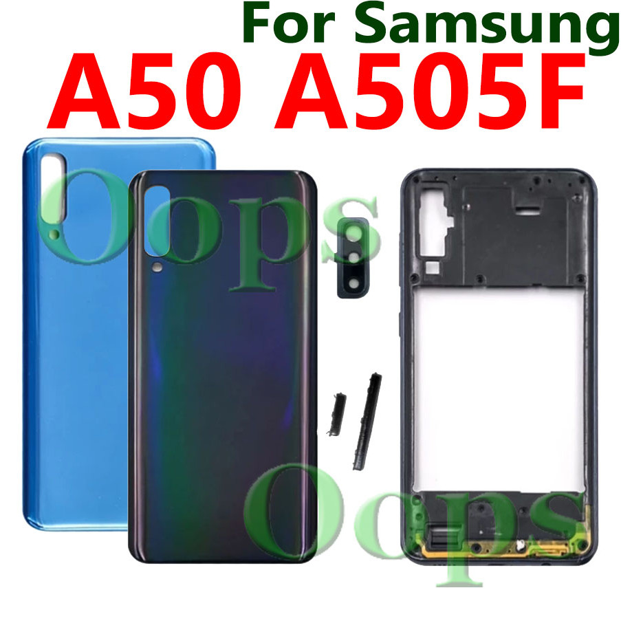 A50 ฝาหลังกรอบสําหรับ Samsung A50 A505 A505F ด้านหน้ากรอบกลางด้านหลังประตูแบตเตอรี่ปุ่ม