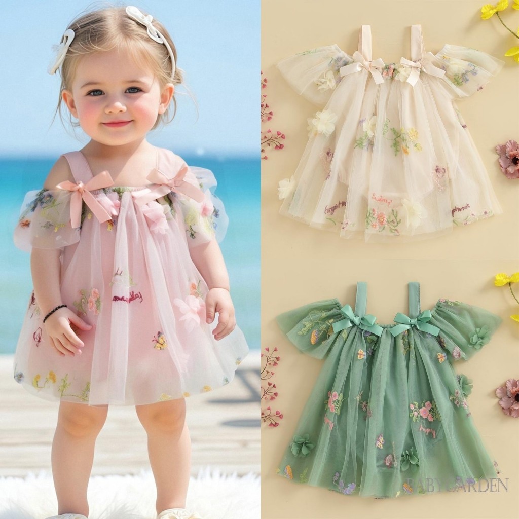 //-ชุดเด็กผู้หญิงแขนสั้นเย็บปักถักร้อยดอกไม้ Tulle Patchwork Romper Dress