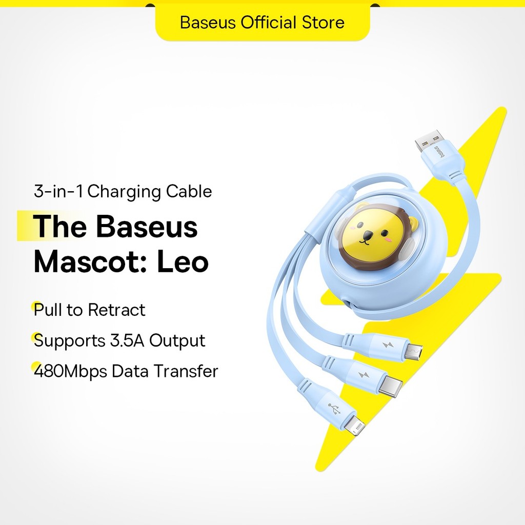 Baseus Leo สายชาร์จแบบยืดหดได้ 3 in 1 USB to M+L+C 3.5A สายชาร์จข้อมูล