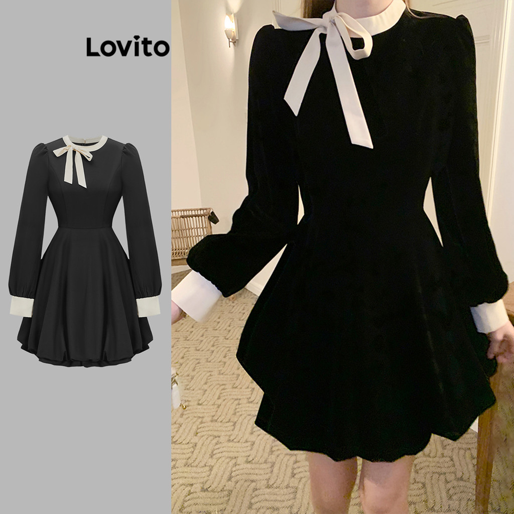 Lovito ชุดเดรสคอปกสีตัดกันสุดน่ารักสำหรับผู้หญิง L110AD092