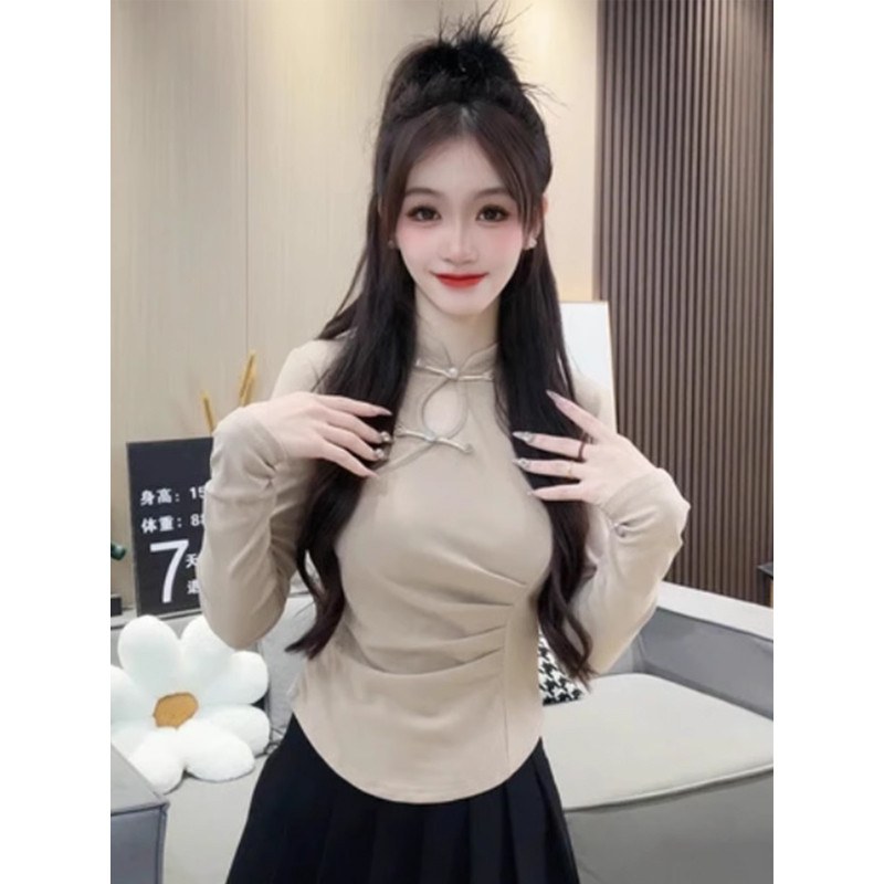 ครึ่งคอปกสูงใหม่สไตล์จีนปุ่มแผ่นดิสก์เสื้อยืด จุดต่ําสุด เสื้อผู้หญิงฤดูใบไม้ผลิ 2025 สไตล์ใหม่ บาง-พอดี ภายในแขนยาวด้านบน