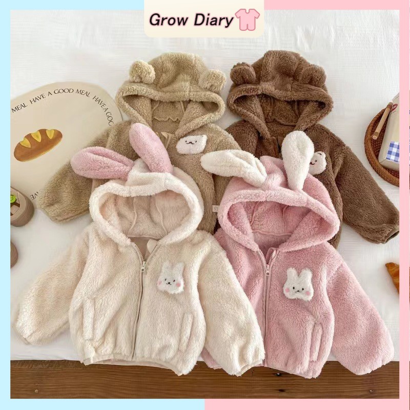 เด็กทารกฤดูใบไม้ร่วงฤดูหนาว Fuzzy Coat 3D กระต่าย Hooded Jacket ซิป Casual ขนแกะ Outerwear 1-6 ปี