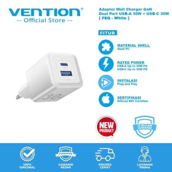หัวชาร์จ Vention Adapter Fast Charger GaN USB A Type C 30W Android iPhone - FEQ