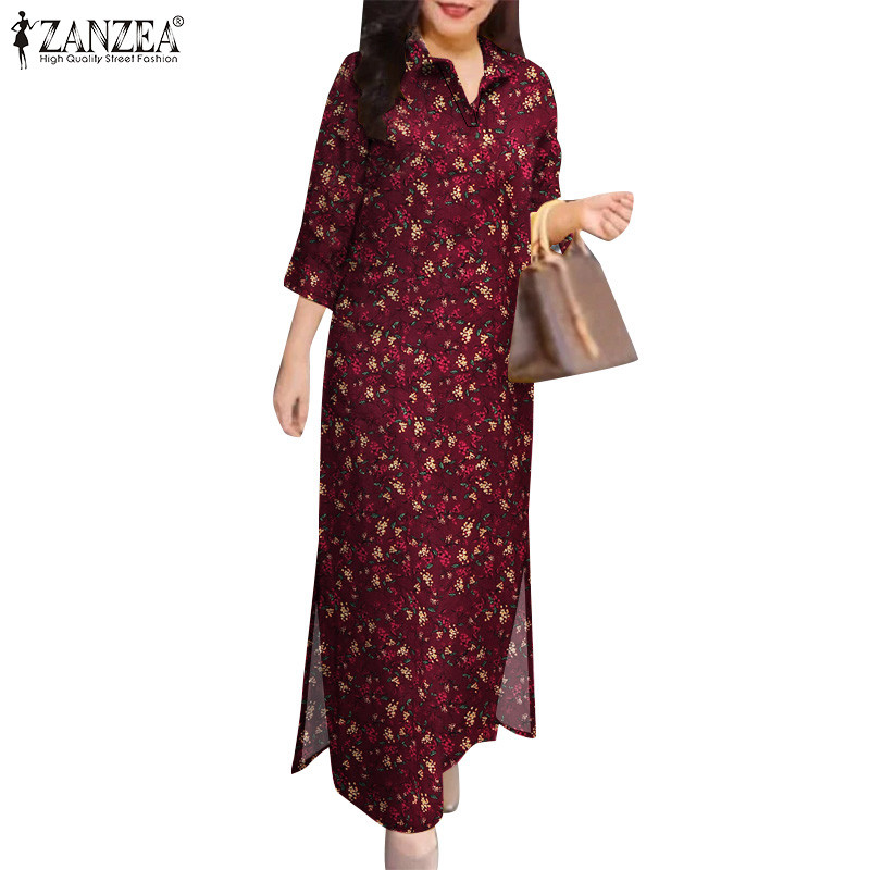 ZANZEA ซานเซีย ผู้หญิงวินเทจข้อเท้าความยาวดอกไม้พิมพ์3/4แขนเสื้อยาวชุด