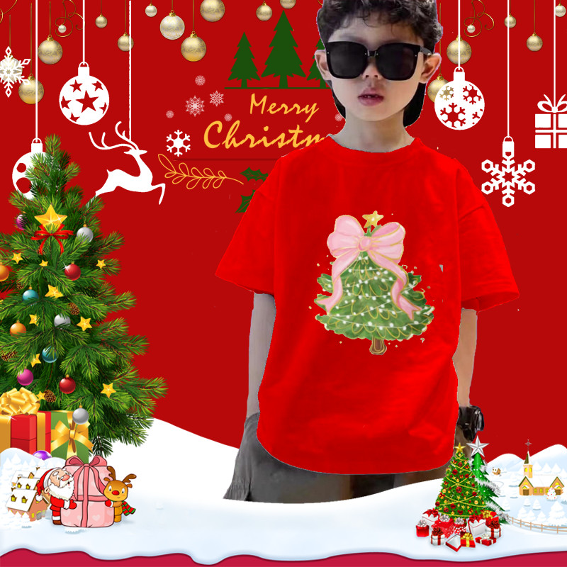 (จัดส่งตลอด 24 ชั่วโมง) เสื้อยืด Merry Christmas เสื้อยืดคริสต์มาสเด็กแขนสั้น สีแดงน่ารัก F110