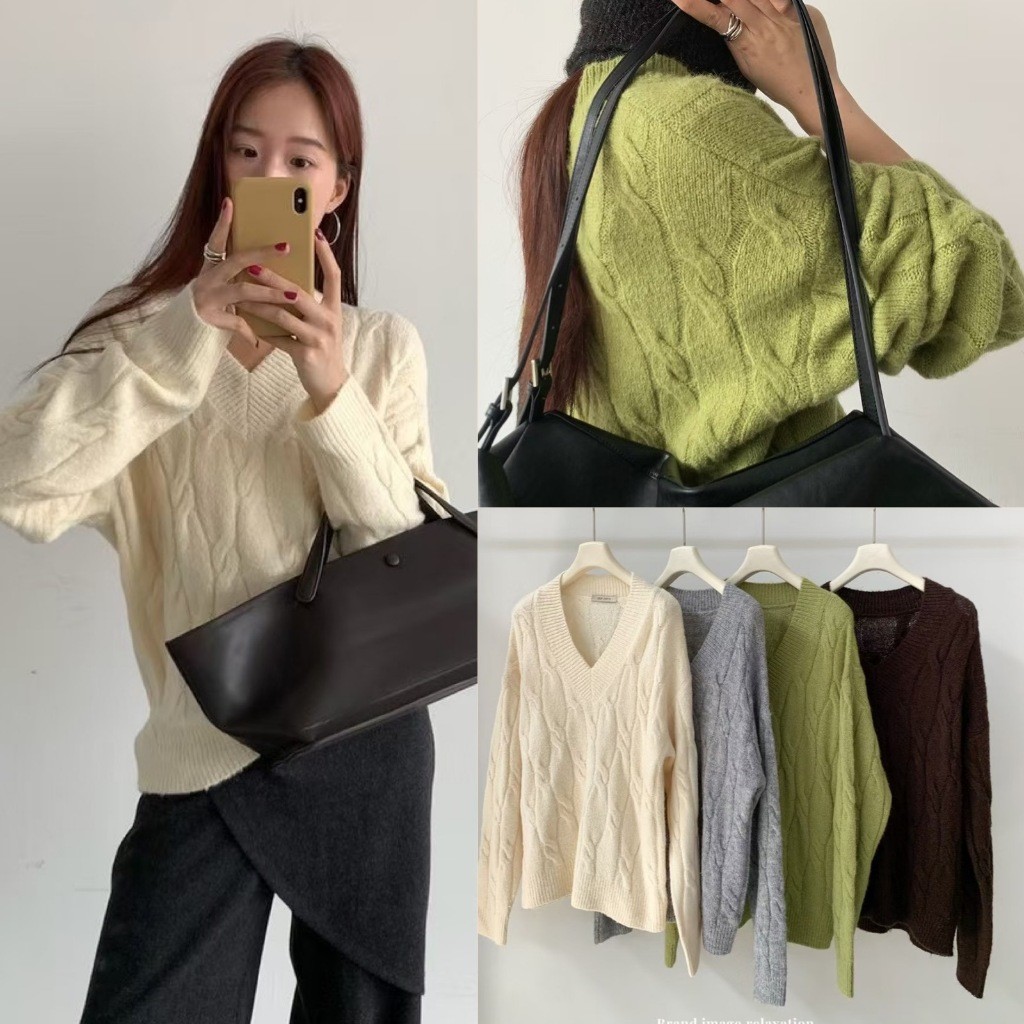 เสื้อแขนยาว คอวี I2555 รุ่นนี้เป็นขนแกะ ทรงน่ารัก แฟชั่นเกาหลี TAG KOREA