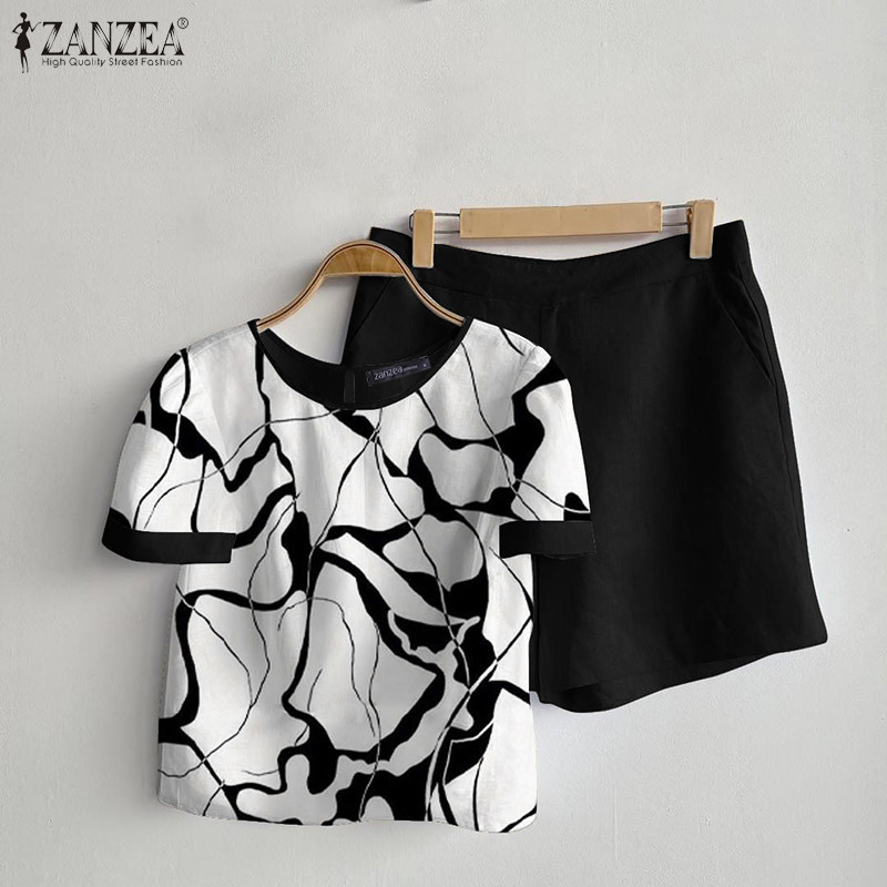 Zanzea ผู้หญิงเกาหลีหรูหราเรียบง่ายคอลูกเรือแขนสั้นเอวยางยืดเสื้อและกางเกงขาสั้น — صورة 6
