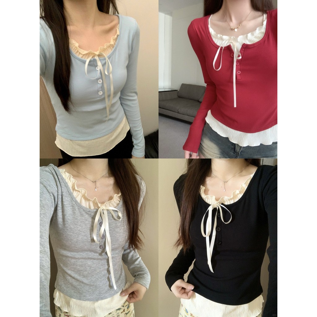 Kayla เสื้อยืดผู้หญิง สองชิ้นปลอม คอกลม กระดุมหน้า ผ้านิ่ม ยืด เสื้อยืดแขนยาว สไตล์เกาหลี แฟชั่น ใส่สบาย#E356
