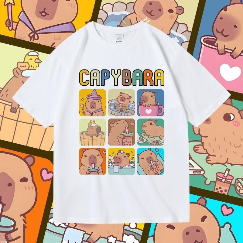 Kapibara สัตว์น่ารัก Capybara Jun เสื้อผ้าเด็กการ์ตูนแขนสั้นผ้าฝ้ายแท้ฤดูร้อนผู้ชายผู้หญิงเสื้อสวมหัวรอบคอเสื้อยืด B11