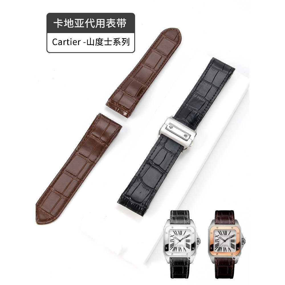 สายนาฬิกาสําหรับ Cartier Santos 100 ผู้ชายผู้หญิงคุณภาพสูงสายรัดหนังวัวพับหัวเข็มขัดสายนาฬิกาหนังแท้ 20 มม. 23 มม.